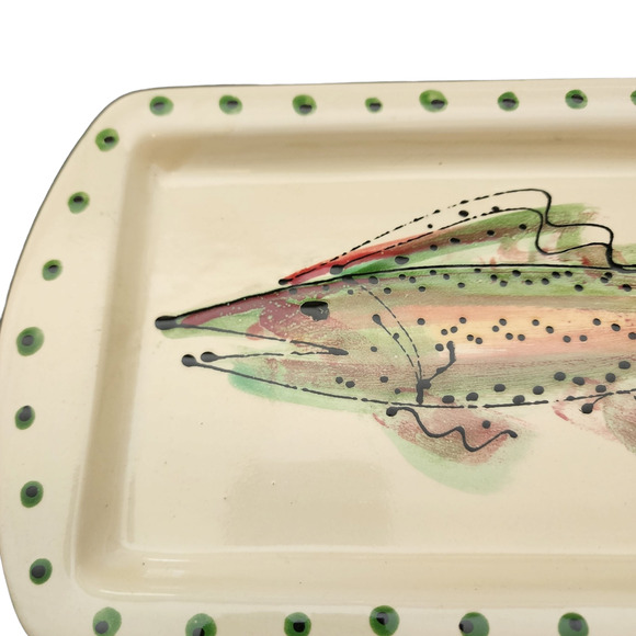 Liston Fish Platter Plate Small Signed 2003 12" x 9.5" Beige Pink Green Handmade - Picture 3 of 9